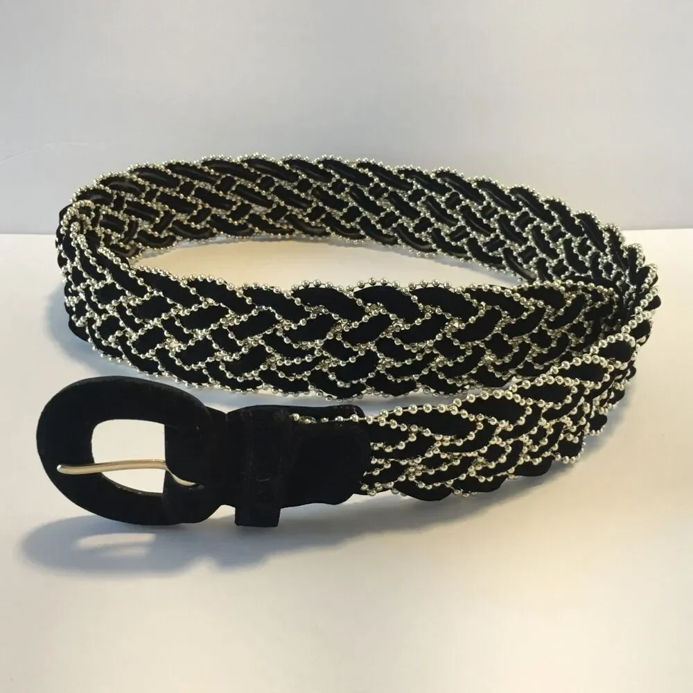Vintage Amanda Smith Womens Belt Black Felt and Thin Gold Beading Woven Size S/M